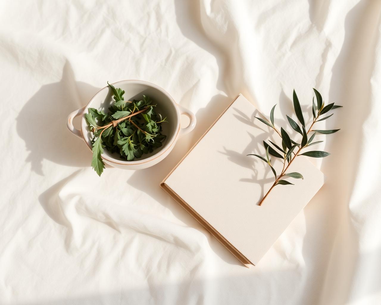 Calm still life of ceramic bowl, herbs and olive branch on linen